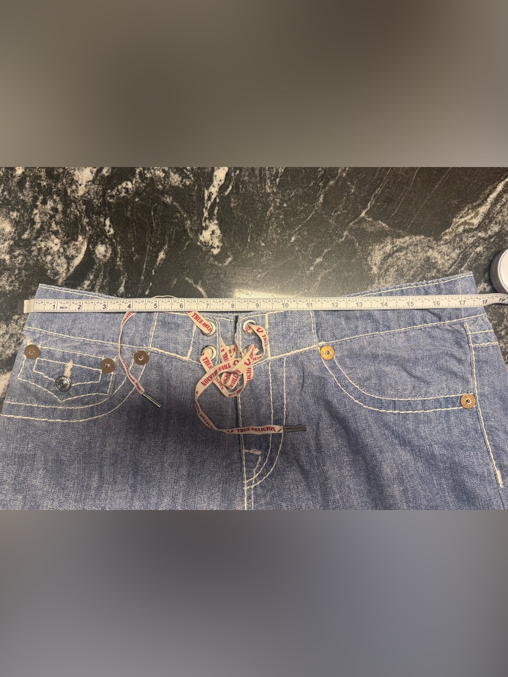 True Religion Swimwear Trunk Tag Detail in Light Blue and Red - Picture 4 of 4
